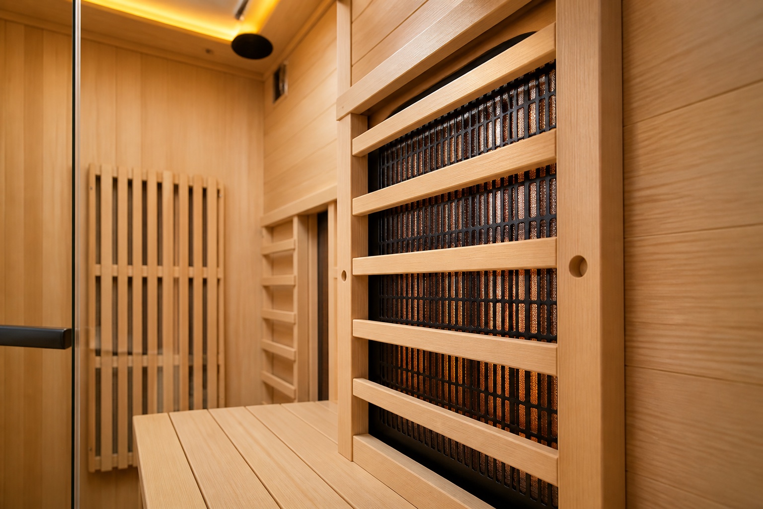 Close-up of SunSauna hemlock wood and IntelliHeat panel